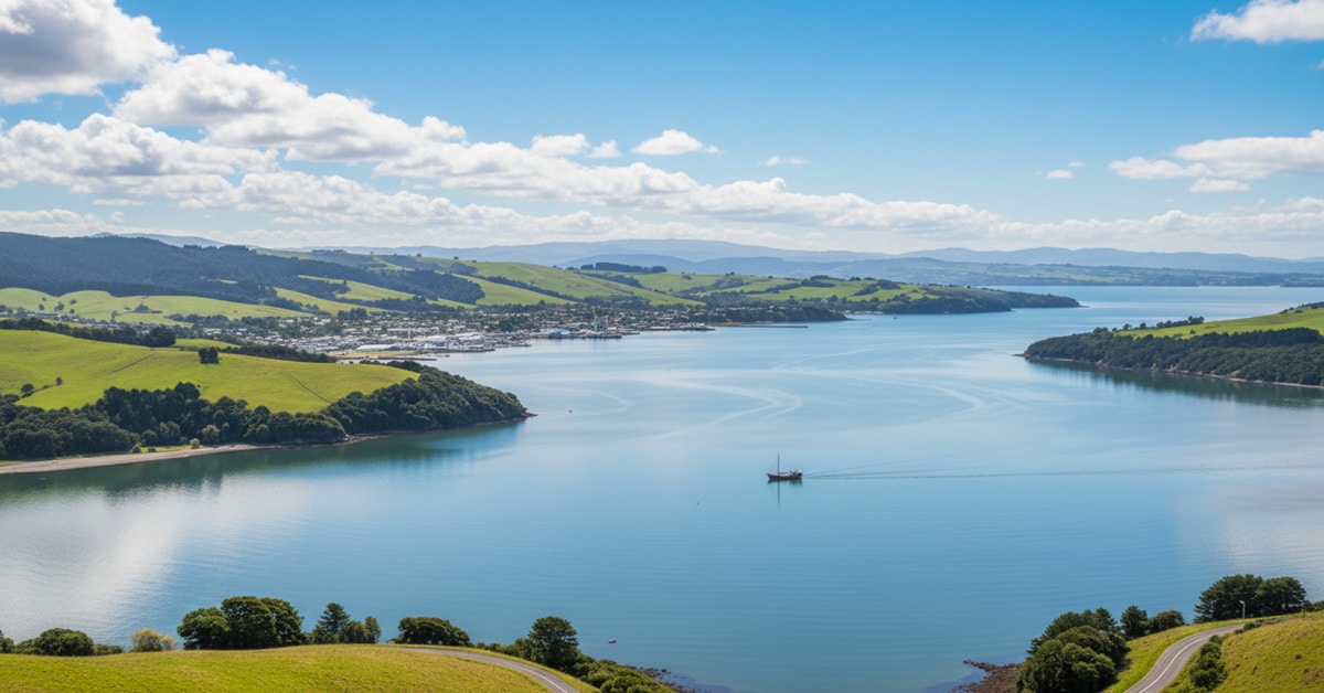 A wide scenic shot of the Otago Harbour on a sunny day, showcasing the blue water, rolling green hills, and coastline where scenic cruises operate.
