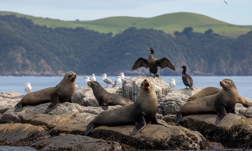 A group of New Zealand fur seals and seabirds resting on a rocky outcrop in the Otago Harbour, a common sight on local scenic cruises.