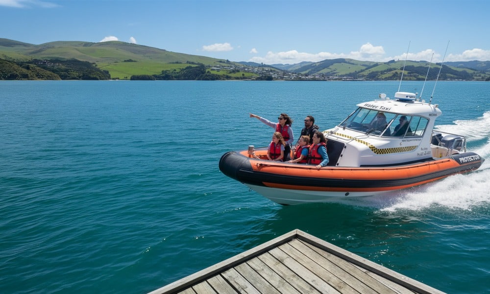 A family on an orange inflatable boat tour pointing out sights on the Otago Harbour, with green hills in the background.